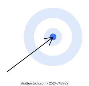 Um gráfico simples que mostra uma seta atingindo o centro de um alvo circular com círculos concêntricos. Ideal para sucesso, realização, definição de metas, precisão, foco nos negócios. Limpo, minimalista, moderno