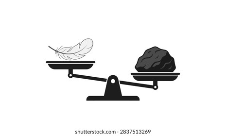 A simple graphic showing a balance scale with a light feather on one side and a heavy, dark rock on the other, depicting a contrast in weight
