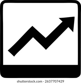 A simple graphic showing a bold black arrow trending upward within a black bordered square. The arrow zigzags slightly before its final ascent.