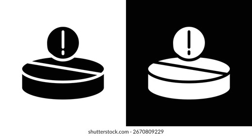 Un gráfico simple que muestra un grano de café con un signo de exclamación, dividido por la mitad. Se muestran las versiones en blanco y negro.
