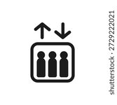 Simple graphic showing an elevator with three people and directional arrows