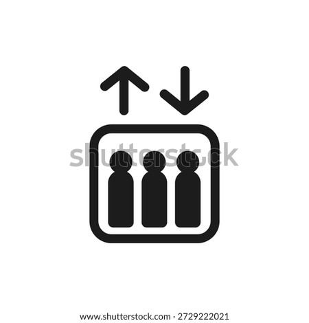 Simple graphic showing an elevator with three people and directional arrows