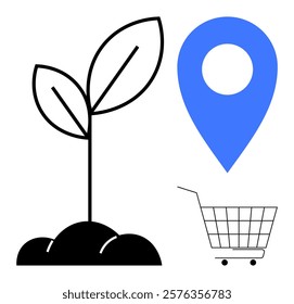 A simple graphic showing a growing plant, a blue map pin, and a shopping cart. Ideal for sustainability, online shopping, local business, logistics, and growth. Minimalist, clean, modern style