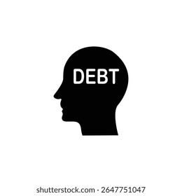 A simple graphic showing a head silhouette with the word 'DEBT' inside, symbolizing the mental burden of debt.