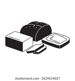 A simple graphic showing a loaf of bread, a stick of butter, and buttered bread slices.