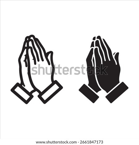A simple graphic showing praying hands in both outline and solid fill styles.