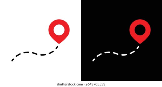 A simple graphic showing a red location pin with a dashed line indicating a route or path. It's presented on both white and black backgrounds.