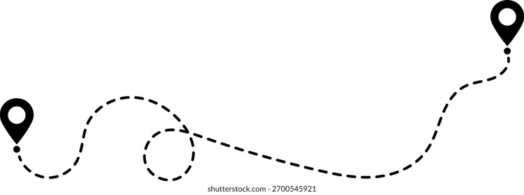 Um gráfico simples que mostra dois pinos de localização pretos conectados por uma linha tracejada, ilustrando uma viagem ou caminho.