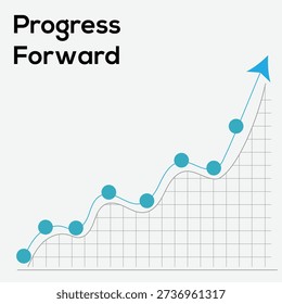 Simple graphic showing upward trending blue line chart with data points indicating successful progress forward.