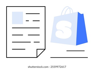 A simple graphic shows a document with text lines and a shopping bag with the letter S. Ideal for e-commerce, online shopping, digital transactions, marketing, and financial reports. Clean modern