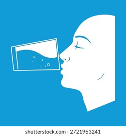 Un gráfico simple muestra una cara de perfil mientras bebe de un vaso de agua, promoviendo la hidratación y el bienestar.