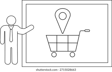 Um gráfico simples mostra uma pessoa apresentando um carrinho de compras on-line e um pin de localização em um quadro de comunicações