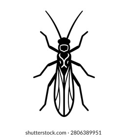 Simple graphic silhouette of a linear stylized black flying termite on white