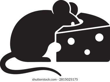 A simple graphic silhouette of a mouse reaching for wedge of Swiss cheese. Ideal for concepts desire hunger or pursuit.