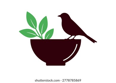 Simple graphic of a small bird standing on the edge of a dark bowl containing green plant leaves, isolated on white.