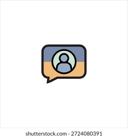 Simple graphic of a speech bubble with a person icon inside, colored in blue, orange, and white hues.