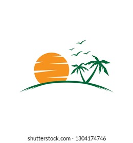 Simple graphic, summer vacation on tropical beach with sunset, palm trees and bird. Vector illustration EPS.8 EPS.10