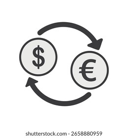 Un símbolo gráfico simple para la conversión de dinero, con una moneda de dólar y una moneda de euro conectados por dos flechas de color gris oscuro en un movimiento circular.