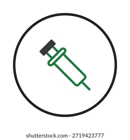 Eine einfache Grafik einer Spritze in einem kreisförmigen Rahmen legt nahe, medizinische Verwendung und impliziert Konzepte wie Gesundheit, Impfung, Behandlung und Prävention von Krankheiten. Die saubere Ästhetik und