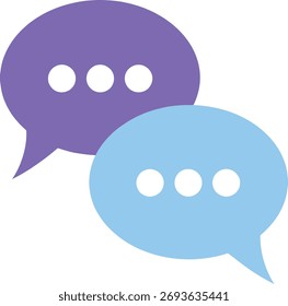 Um gráfico simples de duas bolhas de fala sobrepostas, uma roxa e uma azul clara, cada uma contendo três pontos brancos, representando comunicação e diálogo.
