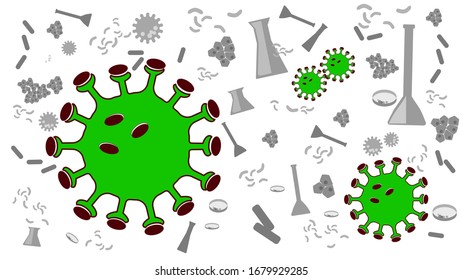 A simple graphic of a virus with many lab utensils