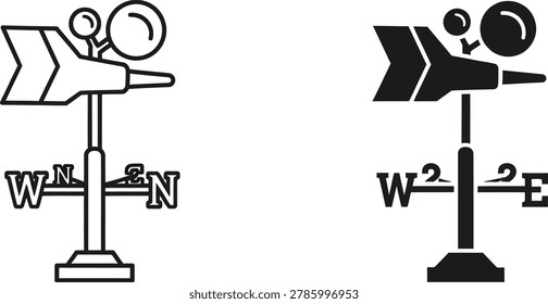 Simple graphic of a weather vane indicating wind direction with cardinal points and cups measuring wind speed. Ideal for meteorological or directional concepts.