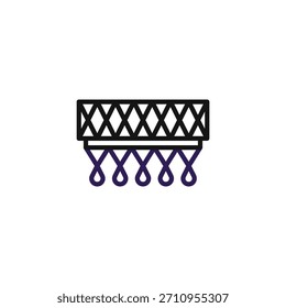 Ein einfaches grafisches Symbol, das einen Filtervorgang darstellt. Flüssigkeit fließt durch ein Strukturelement, was Reinigung, Trennung oder Verarbeitung symbolisiert. Das minimalistische Design lässt auf eine saubere und