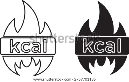 A simple graphical representation featuring two distinct stylistic variations of a calorie burning symbol that incorporates a central rectangular element containing the abbreviation for kilocalories which is presented as kcal surrounded by a stylized flame motif designed to represent the energy consumption and metabolic process of burning food units within the human body during physical activity or exercise routines where the first version displays a clean outline stroke style emphasizing the geometric shapes and lettering while the second version presents a solid filled silhouette style creating a bold visual contrast that makes the design stand out effectively for fitness applications or health tracking interfaces that require clear and intuitive signage for users monitoring their daily dietary intake or energy expenditure levels in various contexts such as mobile applications websites instructional manuals wellness brochures nutrition guides or educational materials focused on health management strategies and weight loss goals which highlights the importance of understanding caloric balance in maintaining a healthy lifestyle through consistent movement and mindful eating habits that support overall physical well-being and longevity for individuals seeking to improve their fitness journey by tracking progress with recognizable and universally understood symbols that convey the concept of metabolism and energy combustion in a straightforward manner that is easily accessible to audiences of all ages and backgrounds globally isolated on white background, illustration