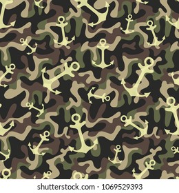 Simple Graphical Seamless Green Pattern Of Marine Themes. Anchor On Camouflage Military Background, Wrapping Paper Texture For Design. Oceanic Vector Wallpaper Repeating