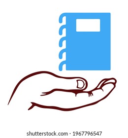 Simple graphics of a hand holding a book symbol