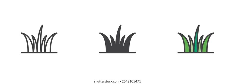 Simple grass blade clumps shown in line, solid and filled outline vector icon styles. Nature-themed symbol for lawns, parks, and garden graphics.