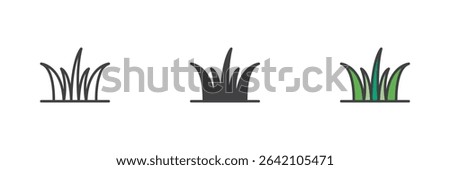 Simple grass blade clumps shown in line, solid and filled outline vector icon styles. Nature-themed symbol for lawns, parks, and garden graphics.