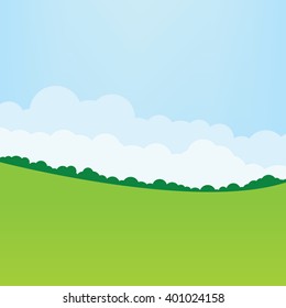 Simple Grass, Clouds And Blue Sky Vector Landscape.