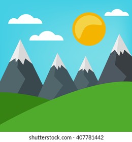 Simple grass, clouds and blue sky vector landscape. Summer holiday illustration.