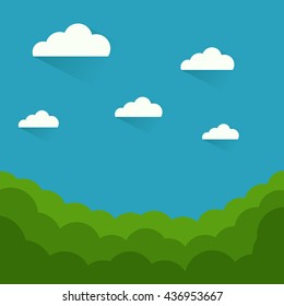 Simple grass, clouds and blue sky vector landscape.