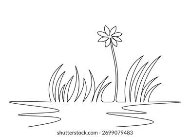 Simple grass and flower continuous line art on white background design

