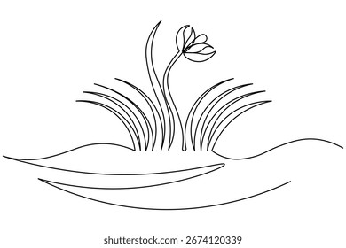 Hierba simple y flores de una línea de arte de contorno mínimo diseño de Vector
