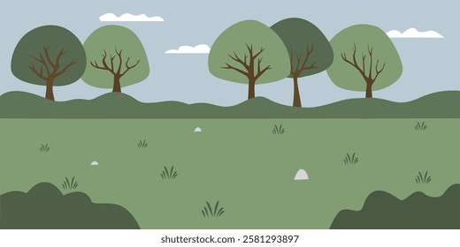 Simple grassland illustration. Cartoon park illustration. Park hand drawn. Suburb. Rural. Rustic forest. 