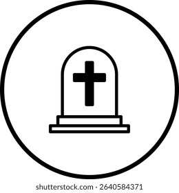 Simple graveyard icon illustration featuring tombstone with cross and circle border