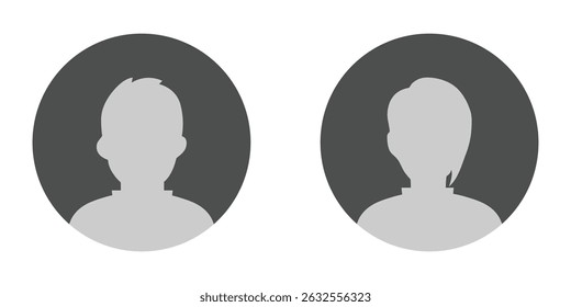 Simple gray avatar icons representing male and female profiles. User profile icon set. Profile, people silhouette, person, avatar, sign up button. Vector illustration.