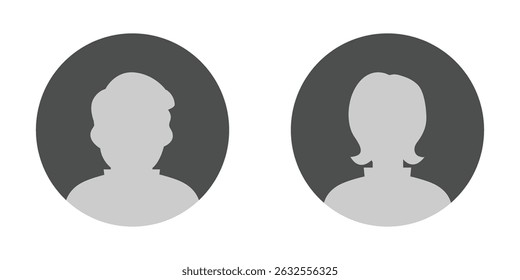 Simple gray avatar icons representing male and female profiles. User profile icon set. Profile, people silhouette, person, avatar, sign up button. Vector illustration.