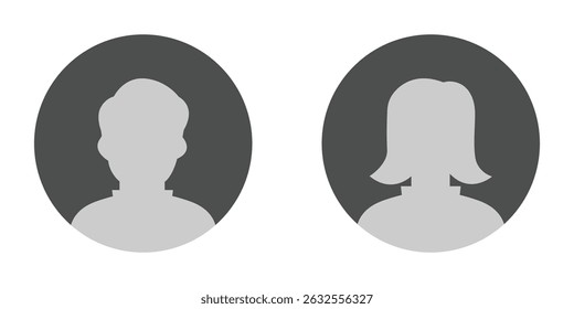 Einfache graue Avatar-Symbole, die männliche und weibliche Profile darstellen. Symbolsatz für Benutzerprofil. Profil, Menschen Silhouette, Person, Avatar, Anmelden-Taste. Vektorgrafik.