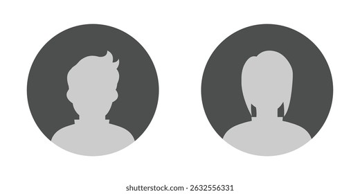 Simple gray avatar icons representing male and female profiles. User profile icon set. Profile, people silhouette, person, avatar, sign up button. Vector illustration.