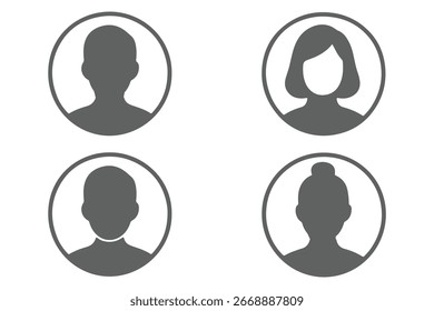 Iconos de Avatar gris simple que representan Perfiles masculinos y femeninos. Diseño minimalista eps con un toque de Profesional