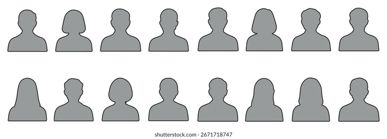 Simple Gray Avatar Icons Representing Male And Female Profiles.