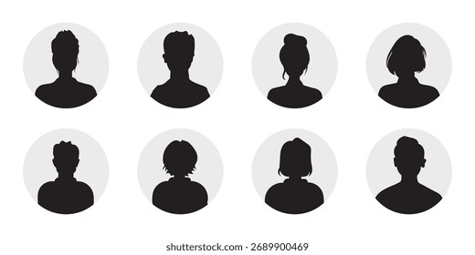 Simple gray avatar icons representing male and female profiles. User profile icon set. Profile, people silhouette, person, avatar, sign up button. Vector illustration.