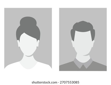 Avatares grises simples que representan perfiles masculinos y femeninos. Fotos de pasaporte y más. Ilustración de stock
