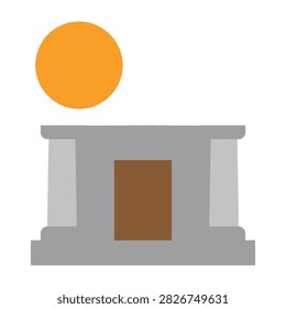 Simple gray building with brown door under bright orange sun, architectural concept