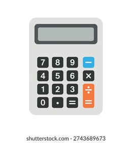 A simple gray calculator with a digital display and numeric keypad, featuring black buttons with white numbers and symbols, a blue subtraction button, and an orange equals button.