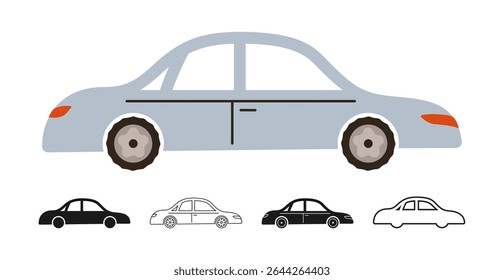 Simples cinza Carro ícone símbolo conjunto de desenhos animados. Carro de automóvel bonito desenhado à mão em vários estilos colorido, silhueta, coleção de crianças de contorno. Simples crianças engraçado auto transporte ícone vetor ilustração